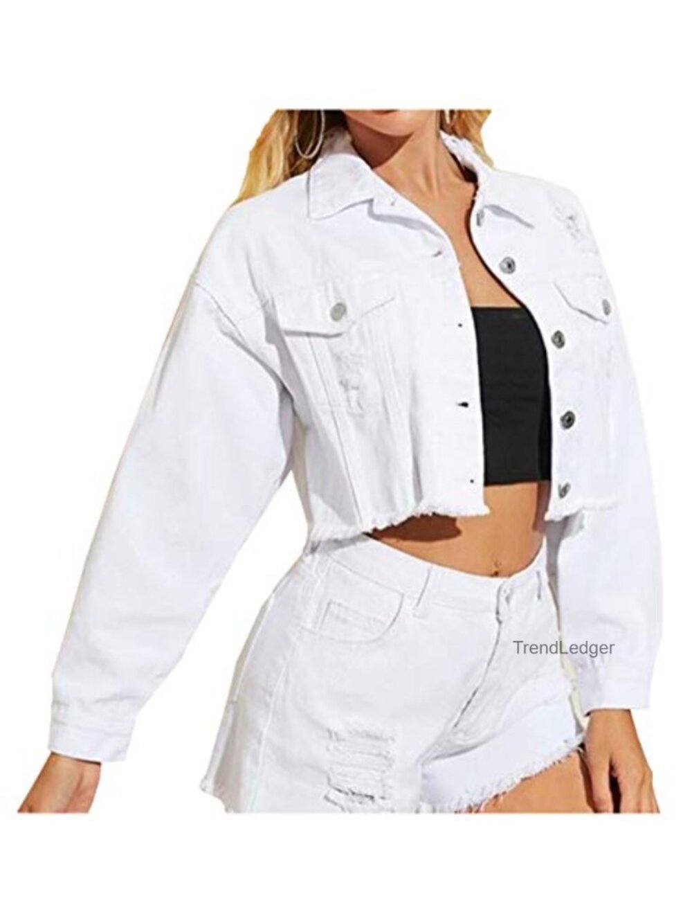 Cropped Ripped Distressed Denim Jean Jacket Fringe Frayed Hem Coat